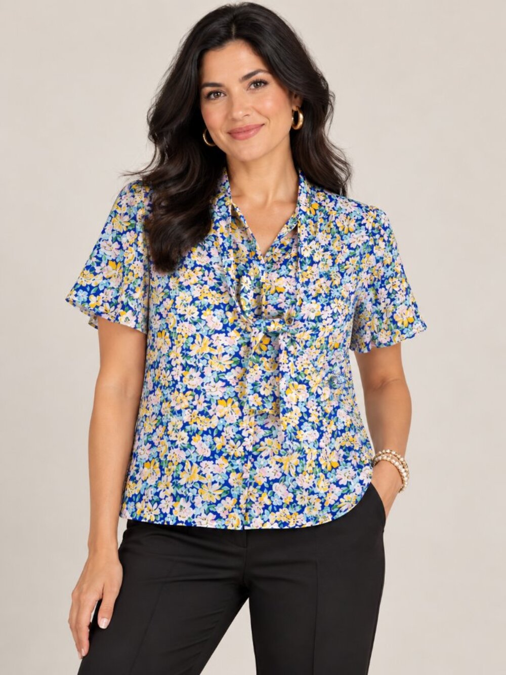 Judy Bond Floral Tie Neck Button Front Blouse Size 12